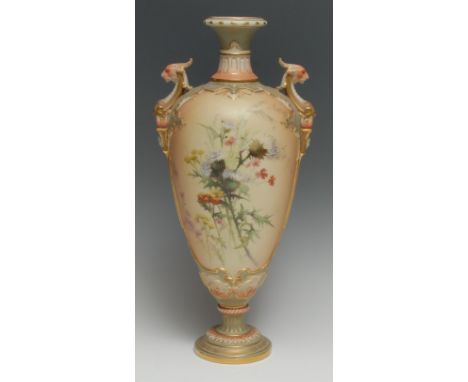 A Royal Worcester pedestal ovoid vase, decorated with thistles, on a blush ivory ground,  classical griffin handles and cheru