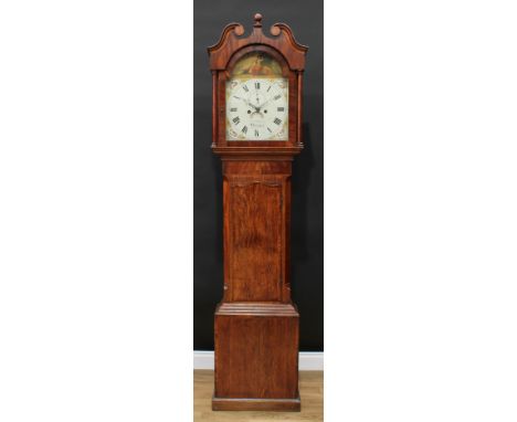 A George III/IV oak and mahogany longcase clock, 33cm arched enamel dial inscribed Anthony Shepperley, Nottingham, Roman nume