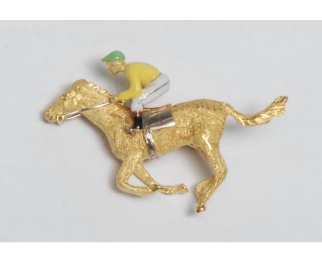 An 18ct gold, diamond and enamel novelty brooch, as a horse and jockey, at full gallop, 4cm long, 16g 