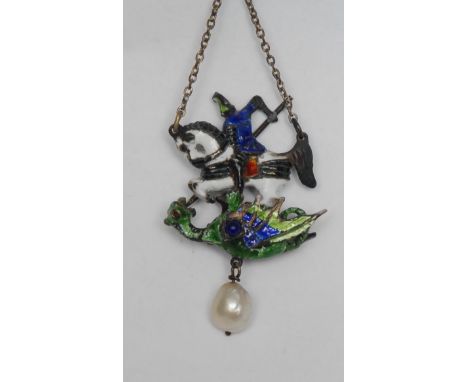 A Continental enamel and silver coloured metal pendant, as St George and the Dragon, Baroque pearl dropper, 4cm long overall 