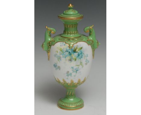 A Royal Worcester pedestal ovoid vase and cover, of small proportions, painted with blue flowers, the apple green cover, neck