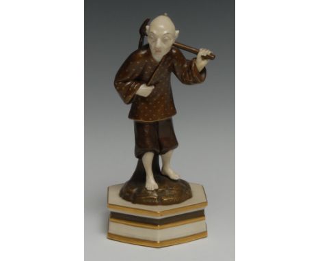 A Royal Worcester figure, of a bare footed Chinese man, holding a pick axe, he stands wearing brown clothing, hexagonal base,