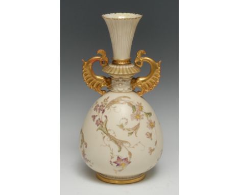 A Royal Worcester ovoid vase, with reeded flared neck, printed and painted with scrolling floral sprays on a blush ivory grou