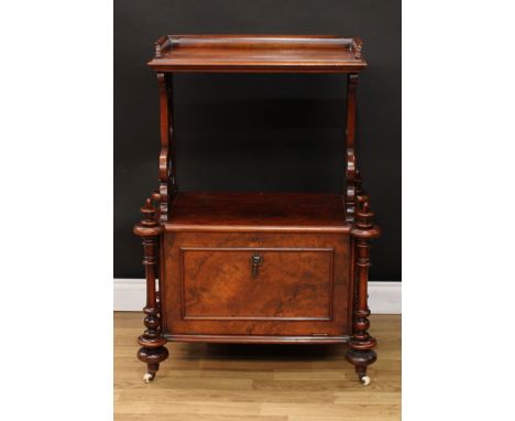 A Victorian walnut drawing room serving whatnot, rectangular drinks plateau with three quarter gallery above an open undertie