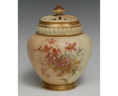A Royal Worcester lobed ovoid pot pourri vase and cover, printed and painted with colourful spring flowers, gilt borders, pie