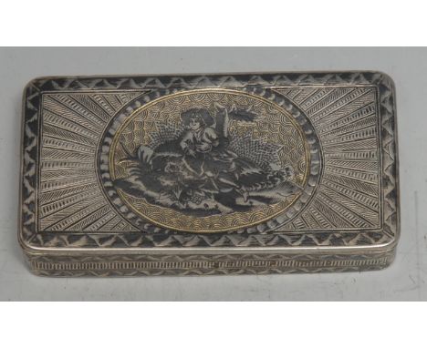 A Russian silver and niello rounded rectangular snuff box, hinged cover engine turned and decorated with a figure, the base w