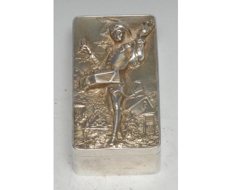 A 19th century silver coloured metal rounded rectangular pedlar snuff box, the cover chased with a a street vendor selling hi