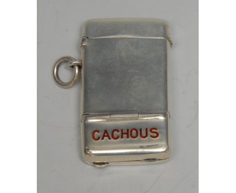 A Victorian silver and enamel combination vesta case and bonbonniere, hinged cover with striker, compartment to base labelled