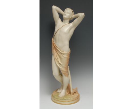 A Royal Worcester figure, The Woodcutter/Sluggard, after Lord Leighton, of a scantilly clad figure, standing with arms behind