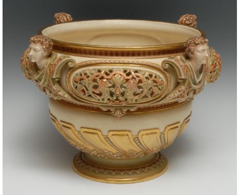 A substantial Royal Worcester blush ivory urnular jardiniere, boldly modelled with four draped portrait busts of a young man 