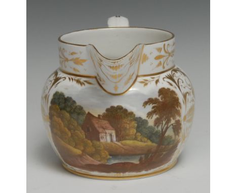 A Derby ovoid jug, painted with a riverside cottage, the white ground with Regency gilt anthemions and scrolling acanthus, to