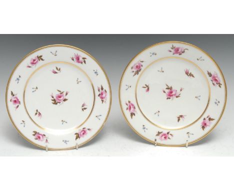 A pair of Flight, Barr &amp; Barr Worcester circular dessert plates, painted with scattered pink roses and blue sprigs, two g