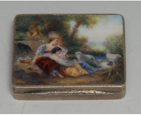 A George V silver and enamel rounded rectangular compact, hinged cover decorated in polychrome with shepherdesses reclining i