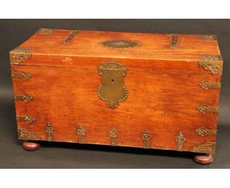 A Colonial brass mounted camphor rectangular chest, possibly for the Spanish market and reminiscent of a Zanzibar trunk, hing