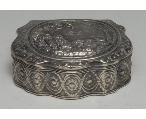 A Continental silver commode shaped snuff box, hinged cover, chased with a courting couple in the Pastoral Idyll, 7cm wide, 