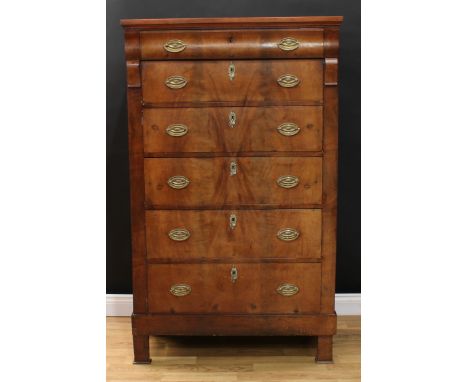 A 19th century mahogany chest, rectangular top with shallow gallery above a concave moulded drawer and five further graduated
