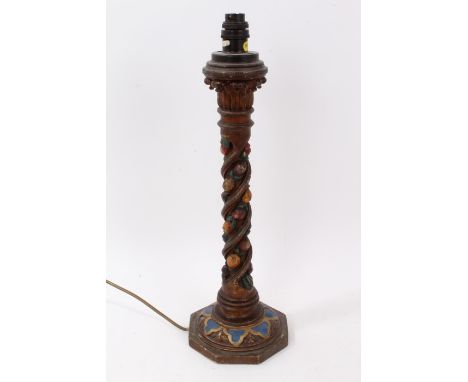 Manner of Pugin, carved and painted pine table lamp from the Houses of Parliament, of spiralling fruit encrusted form on octa