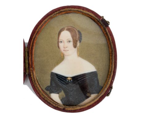 English School, circa 1800, portrait miniature on ivory of a lady in black dress, oval 7 x 5cm, glazed folding leather frame