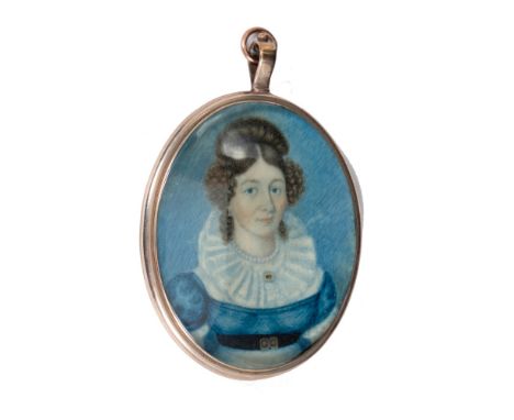 19th century English School, portrait miniature on ivory of a lady with blue dress and lace ruff, named verso as Sophia Day a