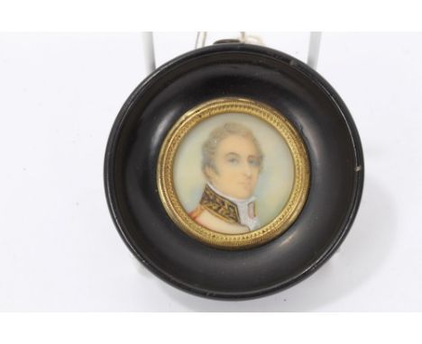 Early 20th century miniature portrait on ivory of Admiral Lord De Saumarez, tondo, 3.5cm diameter, glazed ebonised frame, tog