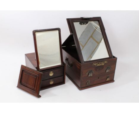 Antique Chinese hardwood travelling vanity case, with sliding end enclosing folding bevelled glass mirror and twin drawers, 2