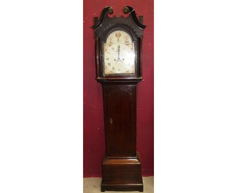 Early 19th century longcase clock with 12 inch painted break arch dial with floral spandrels, subsidiary seconds and calendar