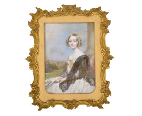 F. Cruickshank (1796-1868) miniature portrait on ivory, depicting a young lady seated before a landscape, holding a fan, 21 x