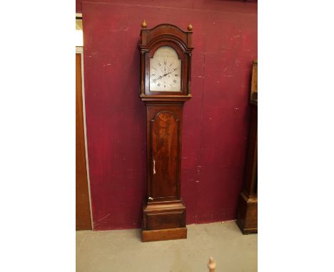 George III longcase clock with eight day movement, 12 inch silvered break arch dial with subsidiary seconds and calendar dial