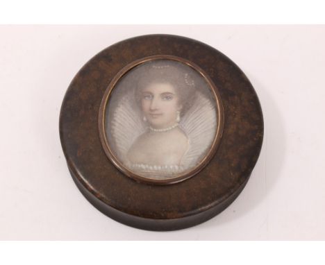 George III tortoiseshell circular snuff box, the lid inset with with glazed portrait miniature, signed and inscribed verso Ma