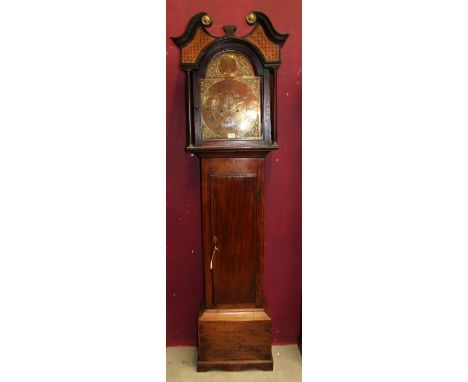 18th century Scottish longcase clock with eight day movement, brass break arch dial with scrolling foliate spandrels, brass c