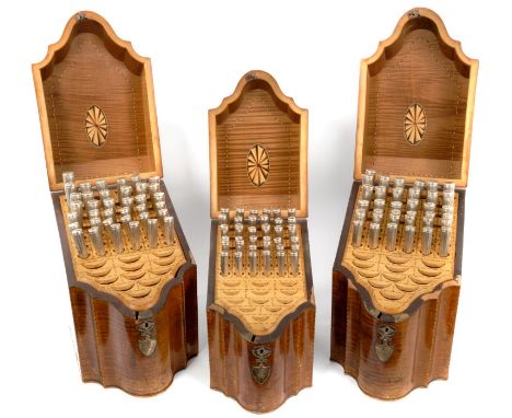 Very rare suite of three George III satinwood, tulipwood crossbanded, barber-pole strung and patera inlaid knife boxes of ser