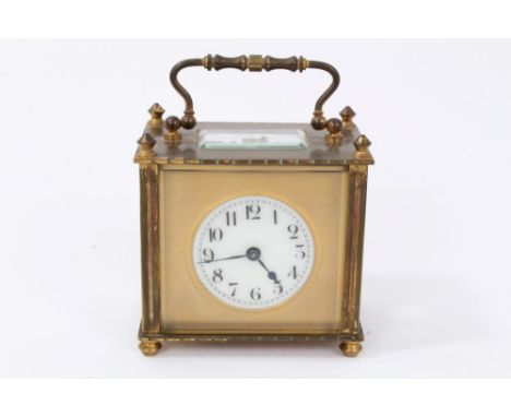 Early 20th century dwarf carriage clock with timepiece movement and cylinder escapement, white enamel dial with Arabic numera