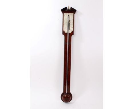 George III stick barometer with concealed bulb and exposed mercury tube, engraved and silvered dial with separate pointer, si