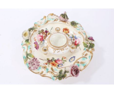 Victorian Coalbrookdale flower encrusted inkwell with painted floral sprays, raised on scroll foot, 16cm diameter