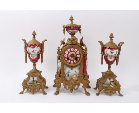 Late 19th / early 20th century three piece clock garniture - comprising mantel clock with French eight day movement, striking