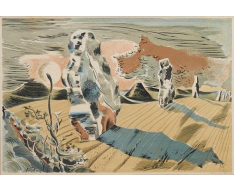 Paul Nash (1889-1946) lithograph in colours - Landscape of the Megaliths, 1937, with pencil dedication, ‘Nancy with Paul’s lo