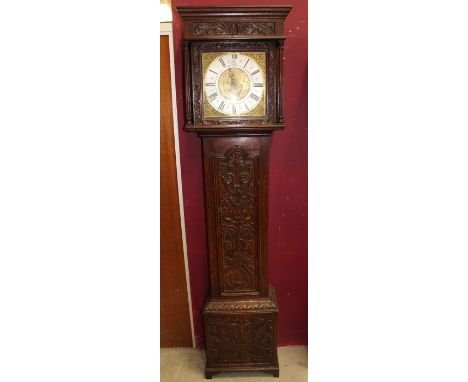 18th century longcase clock with thirty hour movement, 12 inch square brass dial with urn spandrels, silvered chapter ring, m