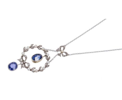 Edwardian-style sapphire, diamond and seed pearl pendant necklace with a wreath and ribbon design suspending two oval mixed c