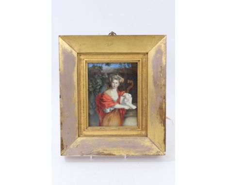 Marianne Graham (early 20th century), portrait miniature of woman wearing mediaeval attire, with a lute, signed, 15 x 11cm, g