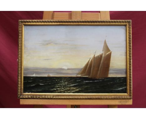 19th century American school oil on canvas - a seascape with a two masted schooner under full sail, indistinctly signed, in g