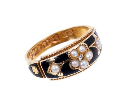 Victorian 15ct gold black enamel, seed pearl and diamond mourning ring with forget-me-not design, Chester 1899. Finger size K