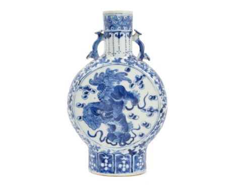 19th century Chinese blue and white moon flask with Rui sceptre handles, painted shishi dog reserves and floral borders - fou