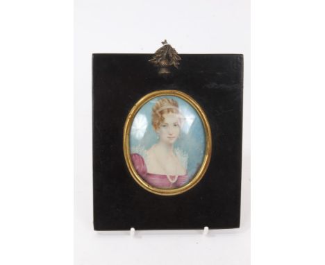 Continental School portrait miniature on ivory, depicting a lady in 18th century attire, pink dress and pearls, indistinctly 