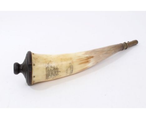 Cow horn power flask with ‘scrimshaw’ type decoration