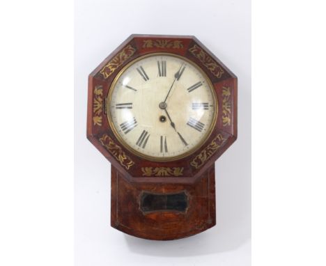 Early 19th century wall clock with spring-driven timepiece movement and white painted wooden dial with Roman numerals in a br