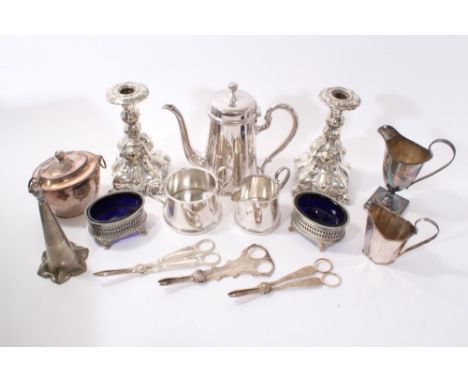 Selection of miscellaneous silver plated ware to include coffee set, pair of candlesticks, tea caddy, three pairs of grape sc