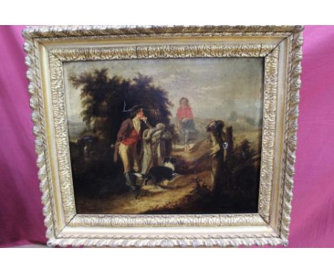 19th Century English School oil on canvas - figure by a gate with a collie awaiting a lady, in gilt frame, 48cm x 58cm