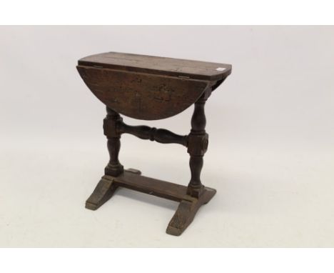 Unusual oak table drop leaf side table, oval drop leaf top on turned end supports and sledge base, incised to stretcher ‘Oak 
