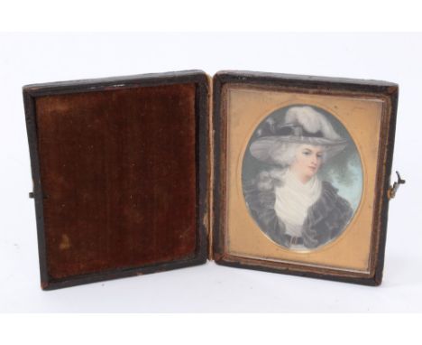 After George Romney (1734-1802) portrait miniature on ivory of the Duchess of Rutland, oval 5.5 x 4.5cm, glazed folding cloth