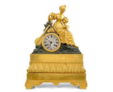 19th century French mantel clock with eight day movement, silk suspension and outside countwheel, striking on a bell, silvere